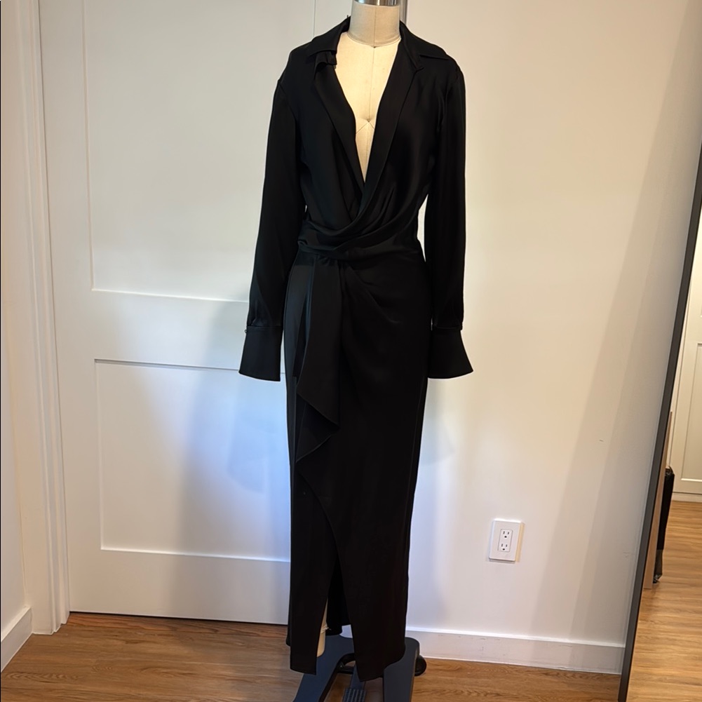 Jonathan Simkhai Black Sheath Dress With Long Cuffed Sleeves And Plunge Neckline
